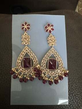 Gold Plated Maroon Ruby Kundan Polki Chandelier Drop Earrings